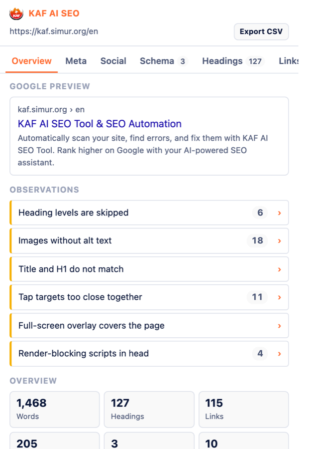 Panel de la extensión de SEO de KAF AI para Chrome — análisis SEO de página