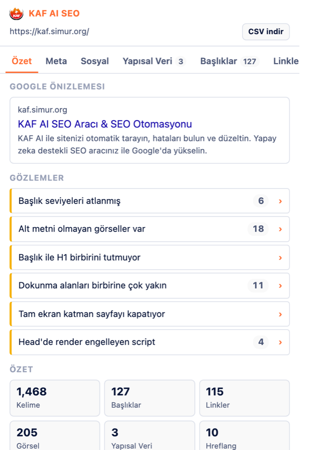 KAF AI Chrome SEO eklentisi paneli — sayfa SEO analizi